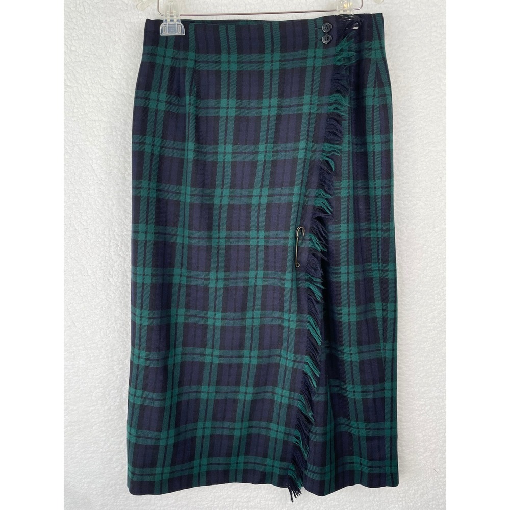 Rafaella Petites Wool Wrap Skirt Black Watch Plaid Fringed Midi Green Navy 12P